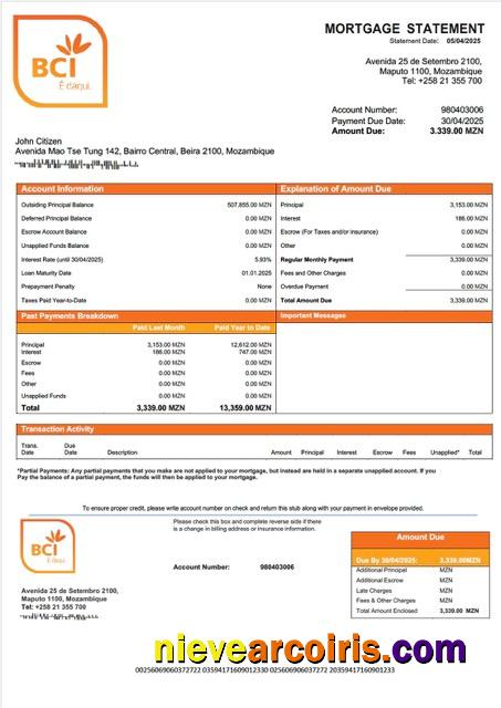 Mozambique Banco Comercial e de Investimentos mortgage statement Word and PDF template